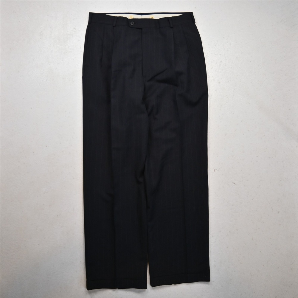 Vtg Bespoke 32x32 Navy Blue Chalk Striped Wool Pleated Cuffed High Waist Pants